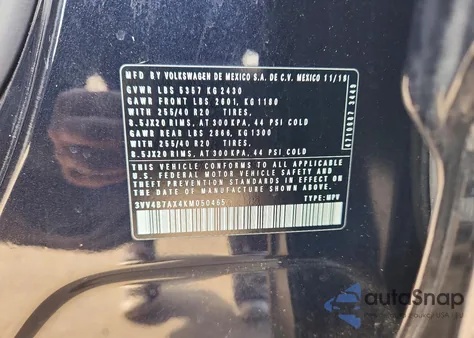 2019 Volkswagen Tiguan Sel Premium z USA, uszkodzony, nr VIN 3VV4B7AX4KM050465